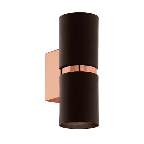 Eglo LED Wall Lamp Passa, 2-Light wall Spotlight, Indoor Metal wall Light in Brown and Copper, Living Room lamp, Hallway Light with up and Down Illumination, Round, GU10 Socket