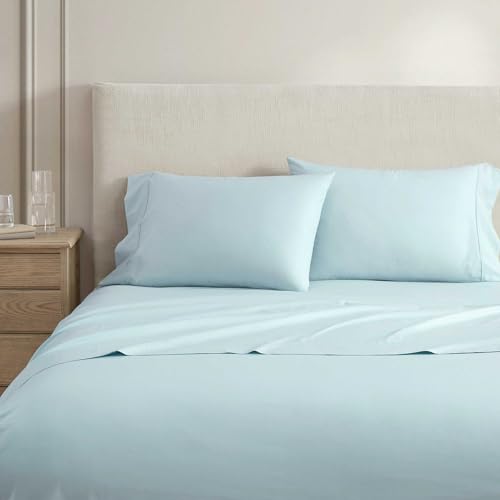 Martha Stewart - Full Size Sheets Set, Crisp & Tailored Cooling Sheets w/a Naturally Smooth Cotton Percale Lightweight Feel - Bed Sheets with Matching Pillowcases & Fitted Sheet (Skylands Solid Blue)
