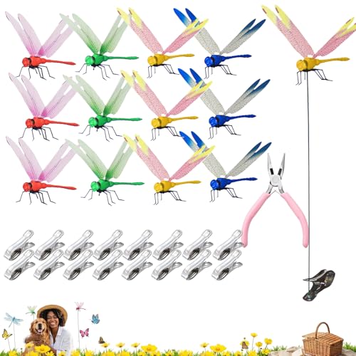 Jongdari 12 Sets Dragonfly Hat Clip Bug Repellent Clip-On Garden Outdoor Decor Stakes Plastic Dragon Fly Mosquito Repellent Plant Decorations for Pots, Includes Pliers & Clips