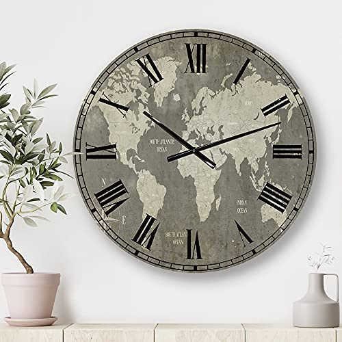 DesignQ Traditional Wall Clock 'Slate World Map I' Map Large Wall Clock for Living Room Decor