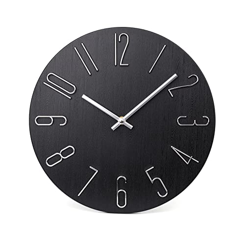 "jomparis Wall Clock 12"" Silent Non-Ticking Modern Style Wooden Wall Clocks Decorative for Office Home Bedroom School (Black)"