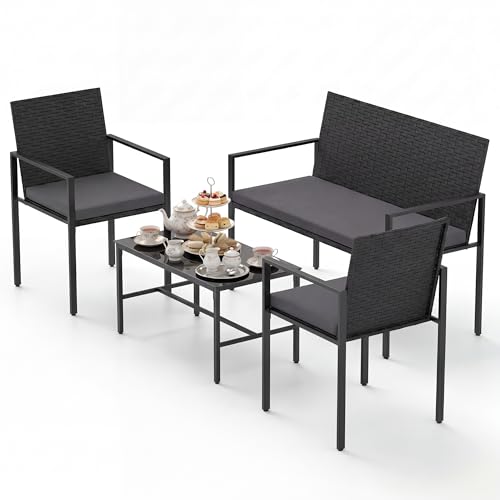 RELAX4LIFE 4 Pieces Rattan Garden Furniture Set, Outdoor Conversation Sets with Tempered Glass Table & Cushions, Loveseat and 2 Armchairs, PE Wicker Sectional Set for Lounge Backyard Poolside (Grey)