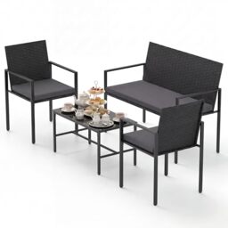RELAX4LIFE 4 Pieces Rattan Garden Furniture Set, Outdoor Conversation Sets with Tempered Glass Table & Cushions, Loveseat and 2 Armchairs, PE Wicker Sectional Set for Lounge Backyard Poolside (Grey)