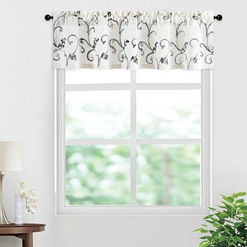 VOGOL Gray Leaf Embroidered Linen Textured Valance, 60 x 14, 1 Panel - Rod Pocket Top, Light Filtering, Country Style, for Kitchen, Bathroom and Dining Room Windows