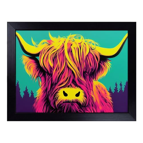 Lap Tray with Bean Bag Cushion, Colourful Highland Cow - Handmade in the UK, Raised Wooden Edge, Padded Cushion, Heat-Resistant Wipe-Clean Surface, for Meals, Laptops and Crafts