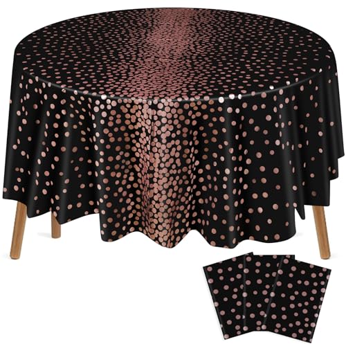 VitalCozy Round Dot Tablecloth 84 Inch Plastic Table Cover Polka Dot Confetti Tablecloths for Easter 2026 Graduation Prom Wedding Birthday Spring Party Supplies(Black and Rose Gold,3 Pcs)