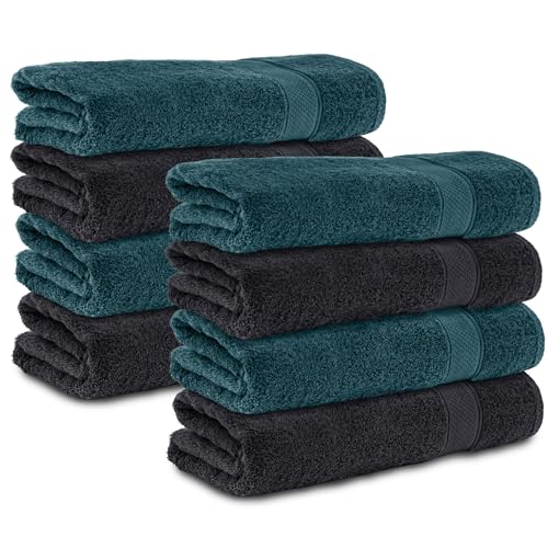 Komfortec Set of 8 Hand Towels 50 x 100 cm 100% Cotton Terry Towelling Soft Black/Petrol