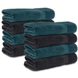 Komfortec Set of 8 Hand Towels 50 x 100 cm 100% Cotton Terry Towelling Soft Black/Petrol