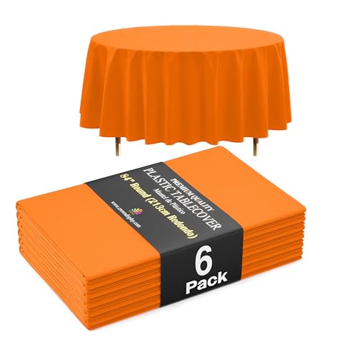 Exquisite 66% Thicker Premium Orange Round Tablecloth 0.5 Mil 6 Pack Plastic Table Cloth reusable 84 Inch Round Plastic Tablecloth Won't Tear Easily Like Cheap Thin Brands