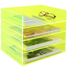 Gelite Acrylic File Organizer for Desk 4 Tiered Stackable Letter Tray Office Paper Storage Desktop Document Sorter, Neon Green