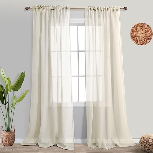 KOUFALL Cream Beige Curtains for Living Room,Sheer Farmhouse Linen Look Semi Light Filtering Curtains for Bedroom,84 Inches Long 2 Panels Set