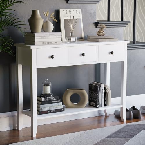 Vida Designs Windsor 3 Drawer Console Table - White - Living Room Furniture - 74H x 100W x 30D cm - with Undershelf - Large Capacity Storage