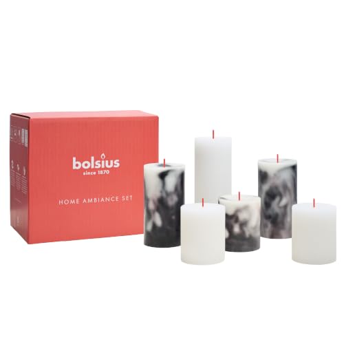 Bolsius - Pillar Candle Set - Black - White - 6 Candles - Marble - Rustic - Decorative Candles - Palm Oil Free