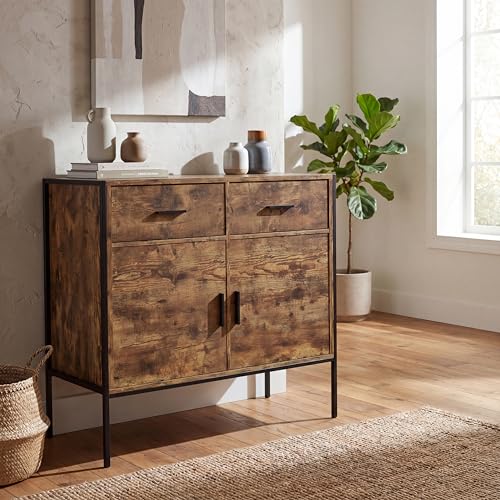 Vida Designs Brooklyn 2 Door 2 Drawer Sideboard Industrial Rustic Cabinet, Living Room Furniture (Dark Wood)