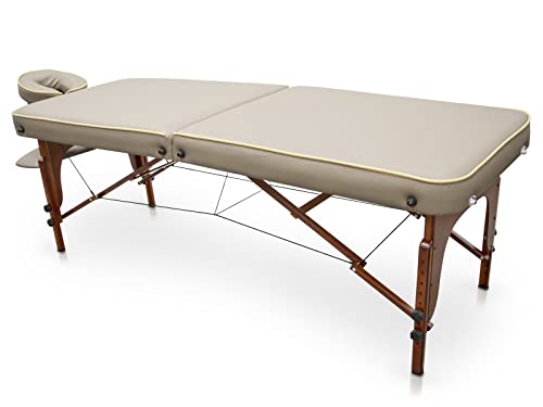 Quirumed SPA Massage Table, Portable, Wooden, Beige, Varnished Wood, Leatherette, High Density Padding, Adjustable Height, Foldable, Detachable Headrest, up to 210 kg