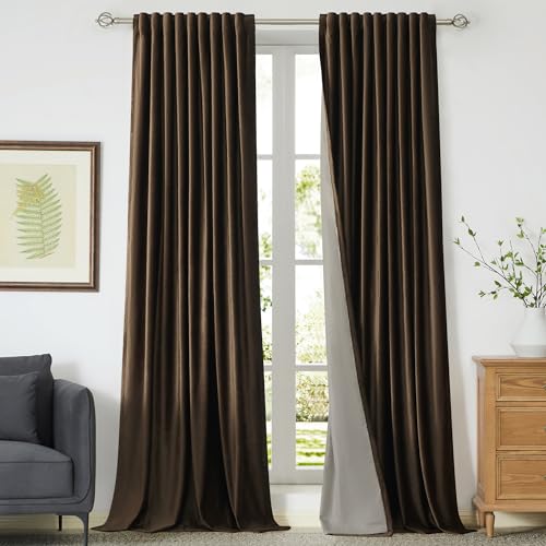 Primrose 100% Full Blackout Brown Velvet Curtains 84 inch Long for Living Room,Set of 2 Liner Rod Pocket Back Tab Thermal Window Room Darkening Heavy Decorative Drapes Bedroom
