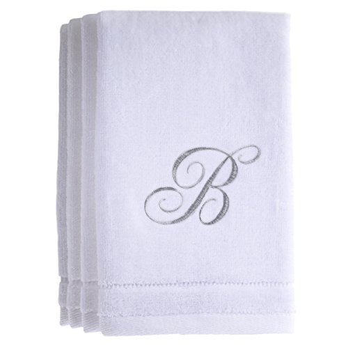 Monogrammed Towels Fingertip, Personalized Gift, 11 x 18 Inches - Set of 4- Silver Embroidered Towel - Extra Absorbent 100% Cotton- Soft Velour Finish - For Bathroom/ Kitchen/ Spa- Initial B (White)
