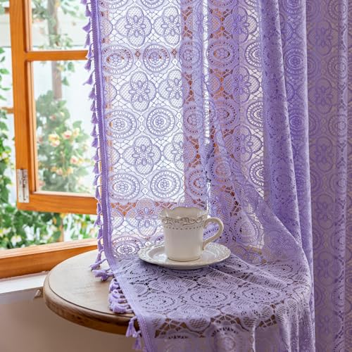 YJ YANJUN Sheer Purple Curtains 96 Inches Long Bohemian Crochet Curtains with Tassel Rod Pocket Farmhouse Lavender Flower Sheer Panels for Bedroom Living Room Elegant Home Decor 8FT 59W x 96L