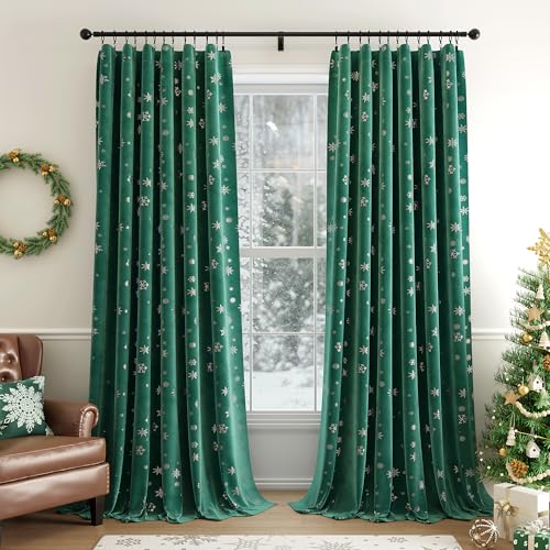Beauoop Christmas Green Velvet Curtains for Living Room 52x63 2 Panels - Silver Patterned Room Darkening Drapes for Bedroom Thermal Insulated Soundproof 63 Inches Long Window Treatments Rod Pocket