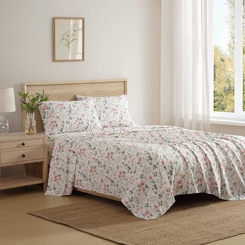 Laura Ashley - King Bed Sheets, Crisp & Cool Cotton Percale Bedding with Matching Pillowcases, Lightweight Bed Set, Oeko-Tex Certified (Meadow Floral Beige)