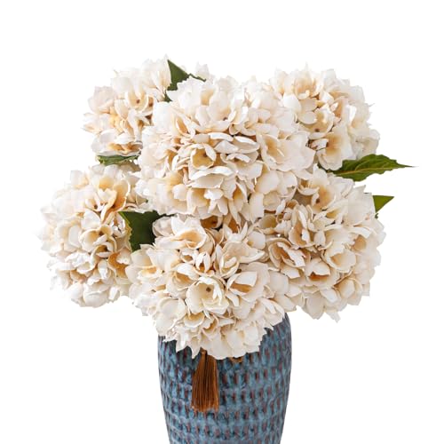Wenhuidr 6PCS 21 Inch Lifelike Artificial Silk Hydrangea Flowers, Large Fake Hydrangea Flowers Bouquet with Stems, Full Faux Hydrangea for Home Decor Wedding Table Party Office Decor(Off White)