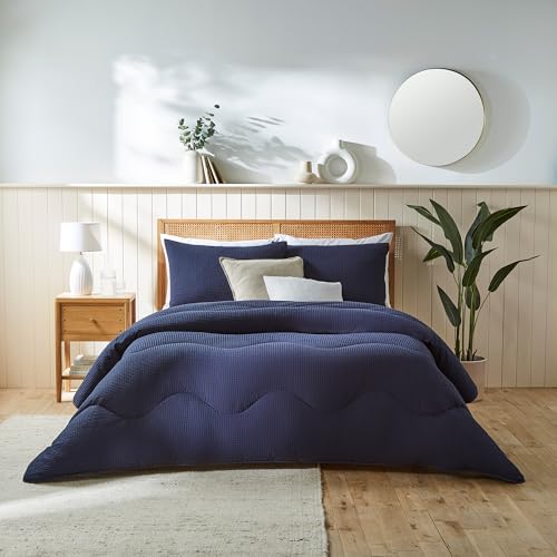 night owl - Coverless Duvet - 10.5 Tog - Single - Pure Cotton Collection - Natural Cotton Waffle - Luxury Bedding - Machine Washable - Navy Blue