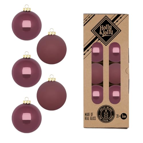 Holly & Jolly Dusty Rose Christmas Baubles, Pack of 20 - Glass Christmas tree baubles, approx. 6 cm, Christmas tree decoration in plum, matt and shiny, Christmas decoration for
