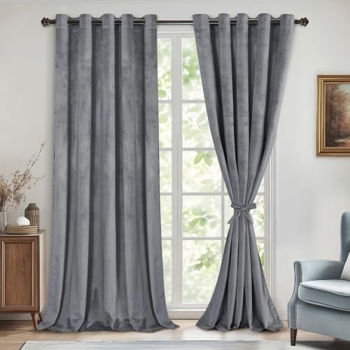 DWCN Extra Wide Grey Velvet Curtains - 84 Inches Long Thick Grommet Tieable Window Treatments Blackout Room Darkening Privacy Protect Drapes for Bedroom Living Room Home Decor, W60 x L84, 2 Panels