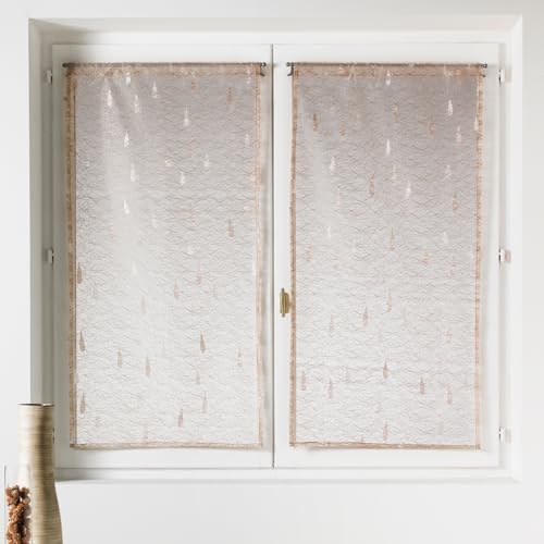 Homemaison - Pair of Small Organza and Jacquard Sheer Curtains with Drops Pattern - Polyester - Rod Pocket Hem - Kitchen Living Room - 60 x 120 cm - Ivory