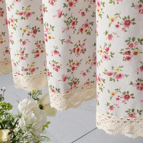 Moslovstar Kitchen Curtain 52 Inch Length 1 Piece Cafe Curtain Tier Linen Textured Semi Sheer Farmhouse Short Curtains for Small Window, Little Pink Flower