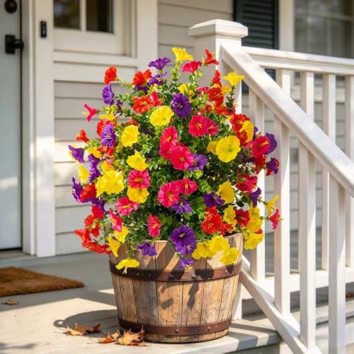 Artificial Morning Glory Topiary Ball Trees, 1 Set of 20.1'' Silk UV Resistant Realistic artificial flowers outdoor with Ground Spike, Fake Plants for Patio Yard Garden (Purple, Red, Rose Red, Yellow)