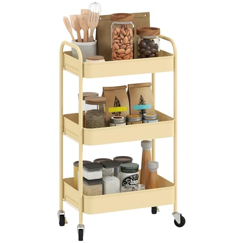HOMCOM 3-tier Storage Trolley on Wheels, Metal Storage Cart, Rolling Ultility Cart with 3 Mesh Baskets for Living Room, Kitchen, Yellow