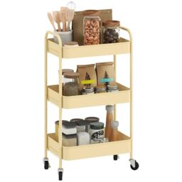 HOMCOM 3-tier Storage Trolley on Wheels with 3 Mesh Baskets Yellow