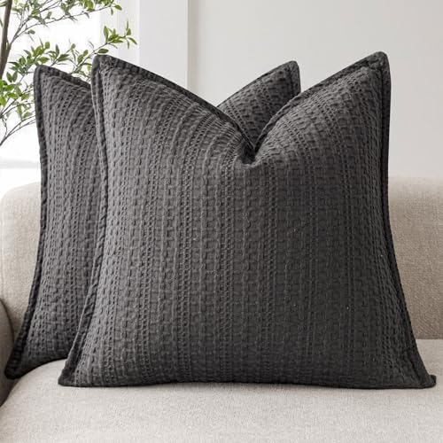 Foindtower Set of 2 Decorative Cotton Waffle Weave Throw Pillow Covers Euro Shams Cushion Covers Accent European Pillowcase for Bed Couch Sofa Bedroom Living Room Home Decor 26??26 Inch Dark Grey