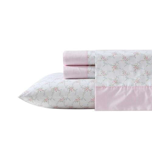 Laura Ashley - Sheet Set, Breathable Percale Cotton Bedding, 200 Thread Count, Deep Pocket, Chic Home Decor (Lynda Pink, King)