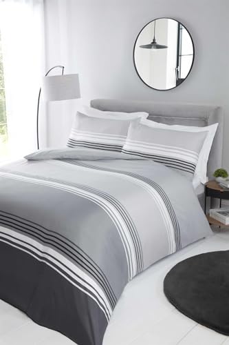 Rapport Home Duvet Set Grey Striped King Size Bedding Set 3 PCS– Soft Microfibre Classic Striped Design Non-Iron Lightweight & Durable Wrinkle-Free Fabric With Snap Closure