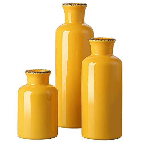 CwlwGO- Yellow Ceramic Vase Set,Modern Decorative Vases for Home Decor, Kitchen&Living Room Table Décor,Fireplace & Entrance centerpieces Decorations.