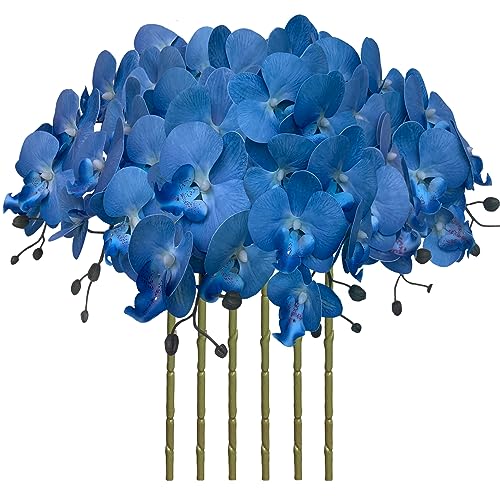 FagusHome 32 Inch Artificial Phalaenopsis Flowers 6 Pcs Artificial Orchid Flowers Stem Plants for Home D??cor (Blue)