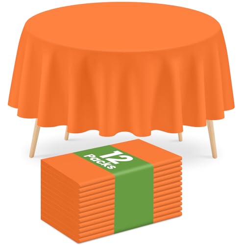 Mulbozy 12 Pack Orange Round Tablecloth, 84 Inches Plastic Orange Table Cover, Premium Disposable Round Party Tablecloth for Restaurant Dinners, Wedding, Grad Party, Baby Shower, Outdoor Camping