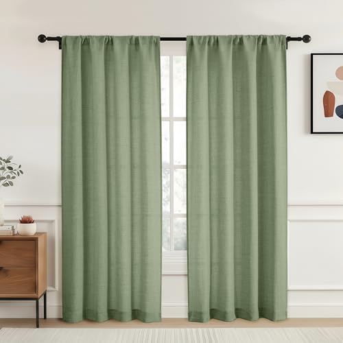 OVZME Green Curtains 72 Inches Long 2 Panels Set, Faux Linen Rod Pocket Light Filtering Textured Curtains for Modern Farmhouse Living Room Bedroom, Soft Airy Fabric Window Drapes, 2x42Wx72L Inches