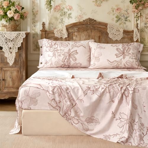 Zusbest Full Size Pink Floral Sheet Set 400TC 100% Double Brushed Cotton Flannel-Like Warm Luxury Bed Sheets 4Pcs, Button Closure Extra Soft Breathable Vintage Flower Toile Printed Deep Pocket 17??????