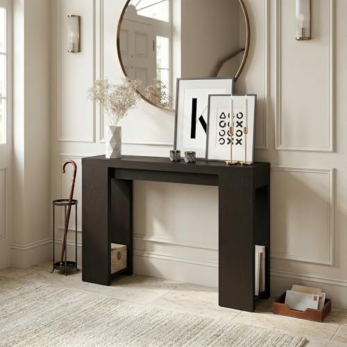 Furinno ARA Entryway Table 119.4cm, Narrow Console Table, Sofa Table with Bottom Shelf, Couch Table Behind Sofa, Farmhouse Entryway Table for Entrance, Hallway, Living Room, Black Dark Oak