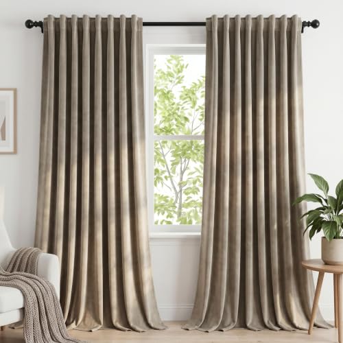 Dchola Beige Velvet Curtains for Bedroom Window with Back Tab, Super Soft Vintage Luxury Heavy Drapes, Room Darkening Thermal Insulated Curtain for Living Room, W52 by L96 inches, 2 Panels