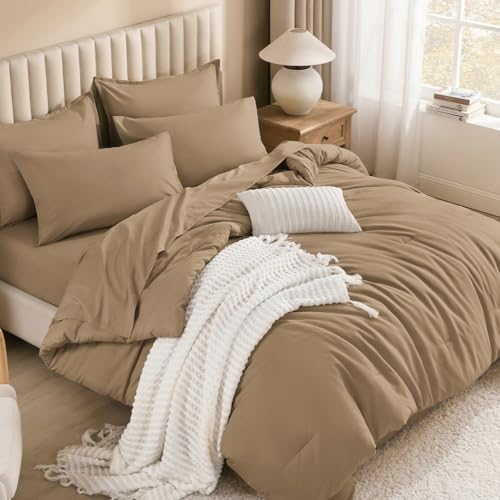 Litanika California King Comforter Set Taupe - 7 Pieces Bed in a Bag Cal King Bedding Comforter Sets, Plain Lightweight Bed Set with Comforter, Sheets, Pillowcases & Shams