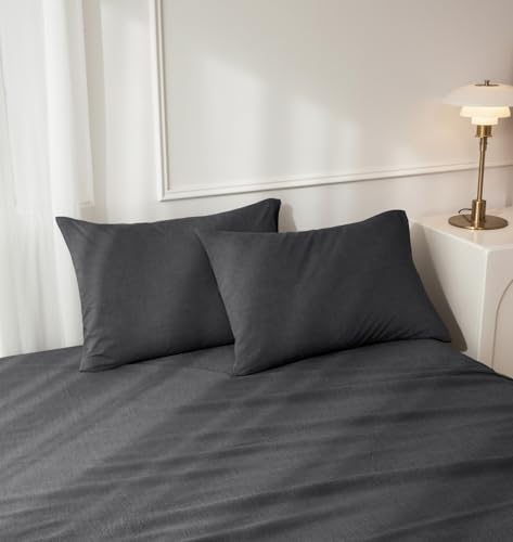 JIYUAN 100% Washed Cotton Pillowcases Set Envelope Closure Pack of 2 Comfy Simple Style Soft Breathable Textured Durable Linen Feel Bedding for All Seasons Queen Size, Dark Grey