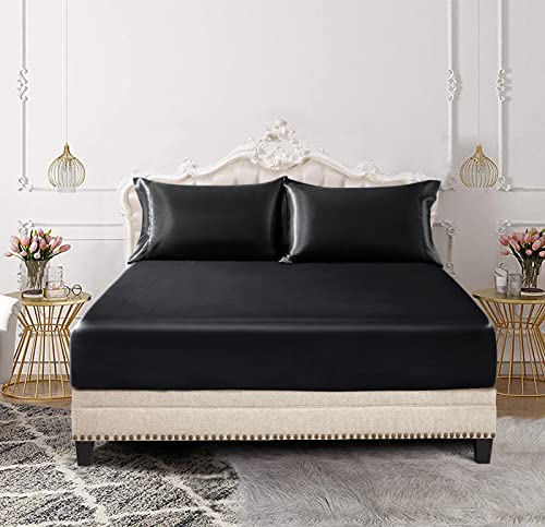 SiinvdaBZX 3-Piece Set Satin Full Fitted Sheet & 2 Pillowcase, Black - Silky Soft Fitted Bottom Sheet, Deep Pocket Sheet Design Fits 15 Inch Mattress, Wrinkle Free, Fade Resistant