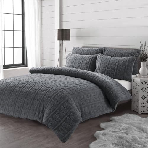 Kampala Hill Leaves Teddy Grey Duvet Cover Set With Pillowcases Super King Bedding Set