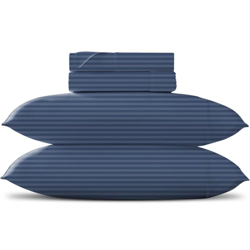 Pure Egyptian Cotton Light Blue Sheet Set Full Size Blue Stripes Sheet Set (4-Piece) - Full Size Flat Sheet - Sateen Weave - 18 Inch Cotton Sheets Heets