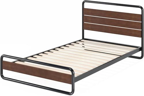 ZINUS Therese 20 cm Metal and Wood Platform Bed Frame - Wood Slat Support - For Adults, Kids, Teenagers - Easy Assembly - Single - Brown