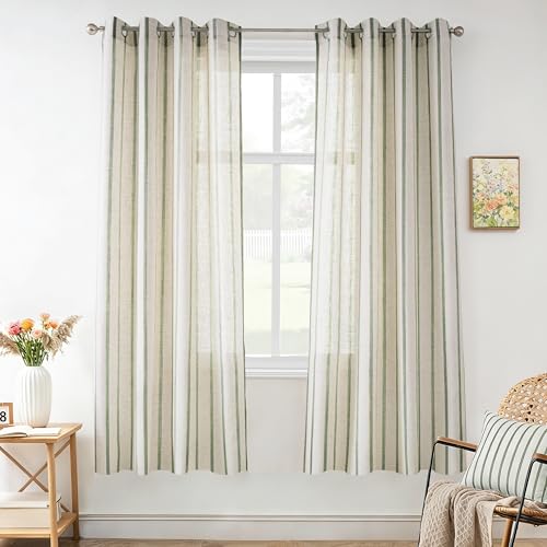 DriftAway Farmhouse Curtains for Living Room Vertical Striped Linen Curtains Semi Sheer Light Filtering Grommet Window Treatments, 63 Inches Long, 2 Panels, Pinstripe Loden Green on Beige